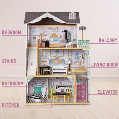 Outdoor Play |  Lil Jumbl 3-Floor Wooden Dollhouse with Elevator and 16-Piece Outdoor Play Outdoor Play