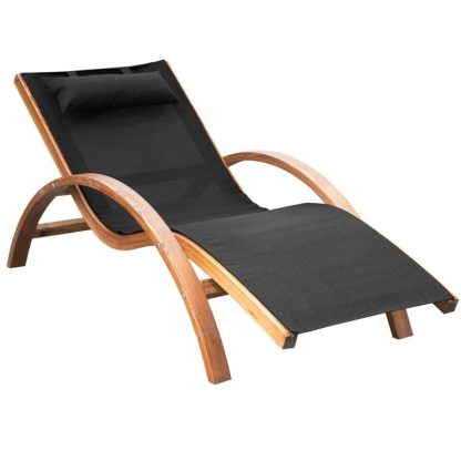 Outdoor Play |  Outdoor Curved Design Wood Lounge Chair with Pillow & Breathable Mesh Outdoor Play Black