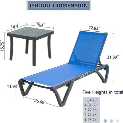 Outdoor Play |  Patio Chaise Lounge Chair Set of 3 Outdoor Sunbathing Chair Outdoor Play Blue/Grey