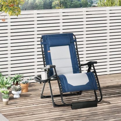 Outdoor Play |  Zero Gravity Lounger Chair, Folding Reclining Patio Chair with Cup Holder, Headrest, Footrest, for Poolside, Camping Outdoor Play Black, Grey/Blue, Grey