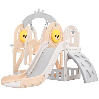 Outdoor Playhouses |  Toddler Slide and Swing Set 5 in 1, Kids Playground Climber Slide Playset with Basketball Hoop for Babies Indoor & Outdoor Outdoor Playhouses Outdoor Playhouses