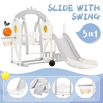 Outdoor Playhouses |  Toddler Slide and Swing Set 5 in 1, Kids Playground Climber Slide Playset with Basketball Hoop for Babies Indoor & Outdoor Outdoor Playhouses Outdoor Playhouses