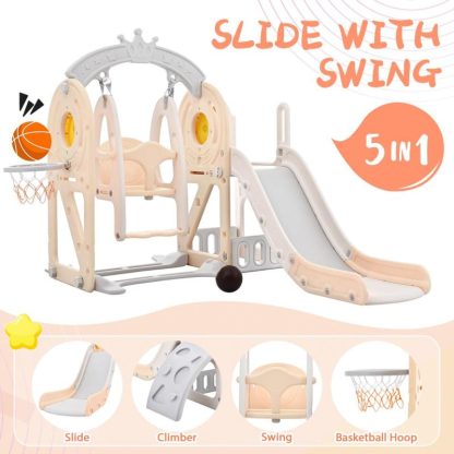 Outdoor Playhouses |  Toddler Slide and Swing Set 5 in 1, Kids Playground Climber Slide Playset with Basketball Hoop for Babies Indoor & Outdoor Outdoor Playhouses Outdoor Playhouses