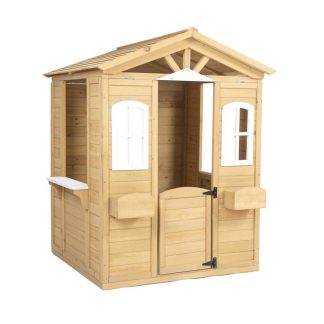 Outdoor Playhouses |  Wooden Playhouse for Kids Outdoor with Working Door, Windows, Mailbox, Flowers Pot Holder – NATURAL Outdoor Playhouses Outdoor Playhouses