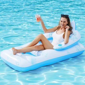 Swimming Pools |  Adult Inflatable Pool Floating Chair with Cup Holder With Headrest, Backrest and Footrest – 63″L x 36″W Sports & Fitness Blue+White