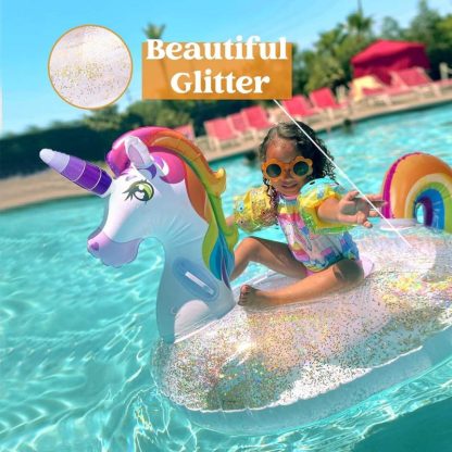 Swimming Pools |  Inflatable Rainbow Unicorn Floaty with Glitters Fun Pool Floats for Kids Sports & Fitness Multicolor