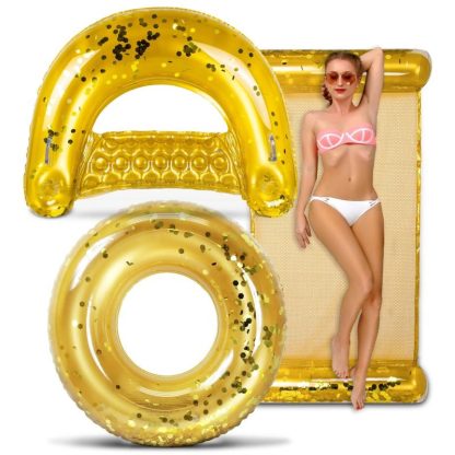 Swimming Pools |  POZA Gold Inflatable Pool Floats Seating Bundle with Confetti – 3 Pack – ‎56 x 30 x 5 inches Sports & Fitness Gold