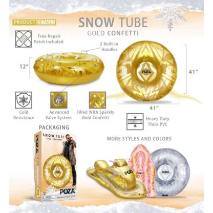 Swimming Pools |  POZA Gold Inflatable Snow Tube for Sledding with Handles and Confetti – 41 x 41 x 12 inches Sports & Fitness Gold