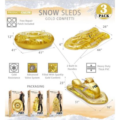 Swimming Pools |  POZA Gold Inflatable Snow Tubes Collection with Handles – 3 Pc Set – 51 x 23 x 16 inches Sports & Fitness Gold