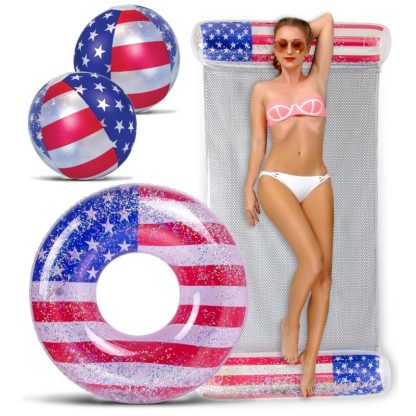 Swimming Pools |  POZA Inflatable USA Flag Pool Floats Bundle Pack with Confetti – ‎56 x 30 x 5 inches Sports & Fitness Multicolor