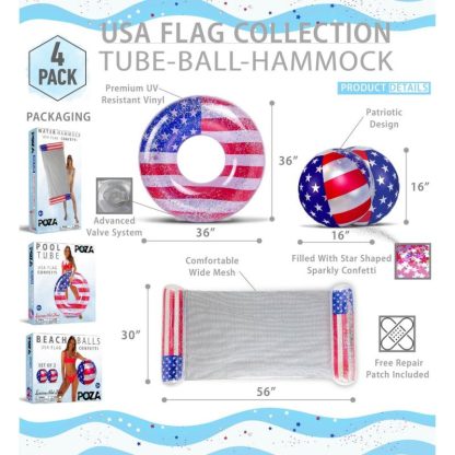 Swimming Pools |  POZA Inflatable USA Flag Pool Floats Bundle Pack with Confetti – ‎56 x 30 x 5 inches Sports & Fitness Multicolor