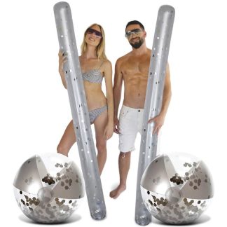 Swimming Pools |  POZA Silver Inflatable Beach Balls and Giant Pool Noodles – 4 Pack – ‎74 x 6 x 6 inches Sports & Fitness Silver