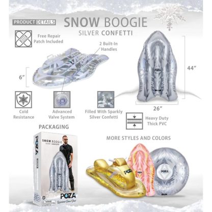 Swimming Pools |  POZA Silver Inflatable Snow Boogie Sled with Handles and Confetti – 44 x 26 x 6 inches Sports & Fitness Silver