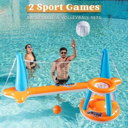 Swimming Pools |  Syncfun 105″ Inflatable Pool Float Volleyball Net & Basketball Hoops Set – 5 x 11 x 12 Sports & Fitness Orange