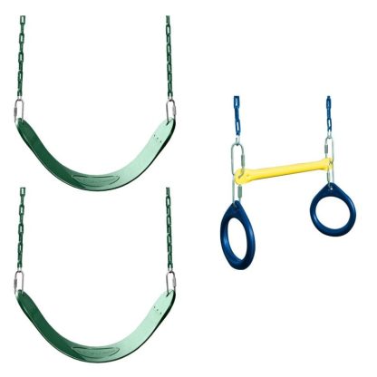 Swing Sets |  2 Green Swing Seats and Ring & Trapeze Bar Combo – 27″ L x 5.5″ W x 60″ H – 27″ L x 5.5″ W x 60″ H Sports & Fitness Swing Sets