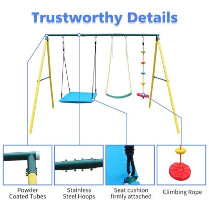 Swing Sets |  3 in 1 Kids Outdoor Backyard Metal Swing Set with Climbing Rope Sports & Fitness Swing Sets