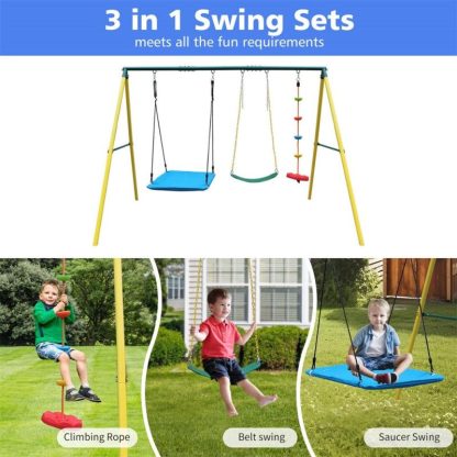 Swing Sets |  3 in 1 Kids Outdoor Backyard Metal Swing Set with Climbing Rope Sports & Fitness Swing Sets