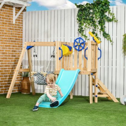 Swing Sets |  3 in 1 Wooden Swing Set with Slide, Baby Swing Seat, Fort, Wheel, Telescope, Mailbox, 1.5-4 Years Old, 67″x79″x46.5″ Sports & Fitness Swing Sets