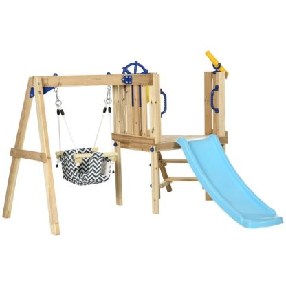 Swing Sets |  3 in 1 Wooden Swing Set with Slide, Baby Swing Seat, Fort, Wheel, Telescope, Mailbox, 1.5-4 Years Old, 67″x79″x46.5″ Sports & Fitness Swing Sets