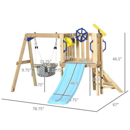 Swing Sets |  3 in 1 Wooden Swing Set with Slide, Baby Swing Seat, Fort, Wheel, Telescope, Mailbox, 1.5-4 Years Old, 67″x79″x46.5″ Sports & Fitness Swing Sets