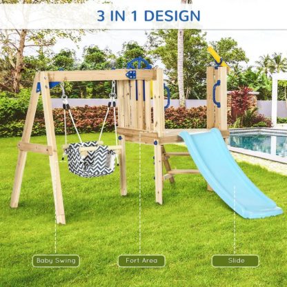 Swing Sets |  3 in 1 Wooden Swing Set with Slide, Baby Swing Seat, Fort, Wheel, Telescope, Mailbox, 1.5-4 Years Old, 67″x79″x46.5″ Sports & Fitness Swing Sets