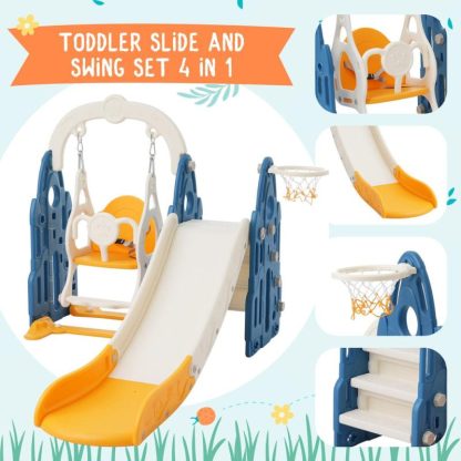 Swing Sets |  4 In 1 Toddler Slide And Swing Set Kids Freestanding Climber Slide Playset With Basketball Hoop Rocket Themed Slide Sports & Fitness Swing Sets