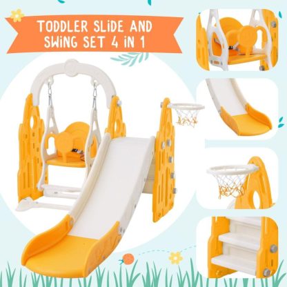 Swing Sets |  4 In 1 Toddler Slide And Swing Set Kids Freestanding Climber Slide Playset With Basketball Hoop Rocket Themed Slide Sports & Fitness Swing Sets