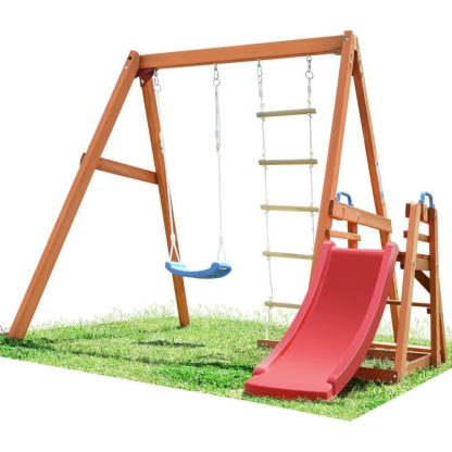 Swing Sets |  4-in-1 Wood Swing Set – Slide, Climbing Rope Ladder Sports & Fitness Swing Sets