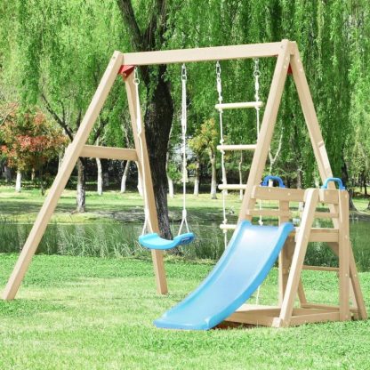 Swing Sets |  4-in-1 Wood Swing Set – Slide, Climbing Rope Ladder Sports & Fitness Swing Sets