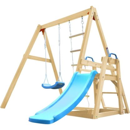 Swing Sets |  4-in-1 Wood Swing Set – Slide, Climbing Rope Ladder Sports & Fitness Swing Sets