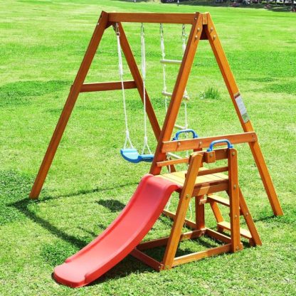 Swing Sets |  4-in-1 Wood Swing Set – Slide, Climbing Rope Ladder Sports & Fitness Swing Sets