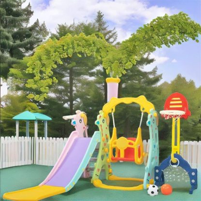 Swing Sets |  5 in 1 Long Slide w/ Basketball Hoops,Football gate,Ringtoss,Swing Set Sports & Fitness Swing Sets