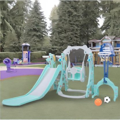 Swing Sets |  5 in 1 Long Slide w/ Basketball Hoops,Football gate,Ringtoss,Swing Set Sports & Fitness Swing Sets