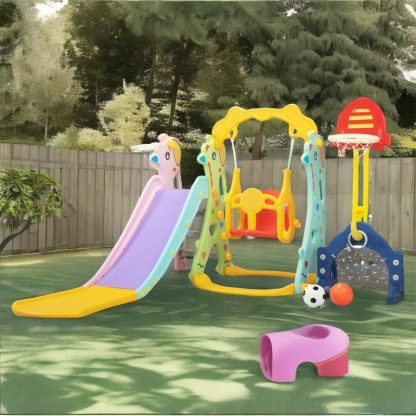 Swing Sets |  5 In 1 Toddler Extra-Long Slide with 2 Basketball Hoops and Swing Sports & Fitness Swing Sets