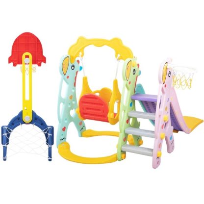 Swing Sets |  5 In 1 Toddler Extra-Long Slide with 2 Basketball Hoops and Swing Sports & Fitness Swing Sets