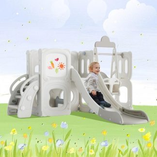 Swing Sets |  5 in 1 Toddler Slide and Swing Set, Kids Playground Climber Slide Playset with Drawing Whiteboard, , Freestanding Combination Sports & Fitness Swing Sets