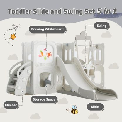 Swing Sets |  5 in 1 Toddler Slide and Swing Set, Kids Playground Climber Slide Playset with Drawing Whiteboard, Freestanding Combination Sports & Fitness Swing Sets