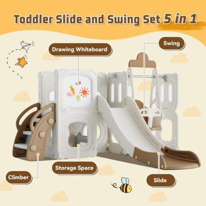 Swing Sets |  5 in 1 Toddler Slide and Swing Set, Kids Playground Climber Slide Playset with Drawing Whiteboard, Freestanding Combination Sports & Fitness Swing Sets