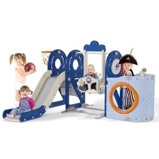 Swing Sets |  5 in 1 Toddler Slide and Swing Set, Pirate Ship Themed Baby Slide for Toddlers Aged 1-3, Indoor Outdoor Toddler Playset Sports & Fitness Swing Sets