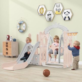 Swing Sets |  5 in 1 Toddler Slide and Swing Set with Basketball Hoop Sports & Fitness Swing Sets