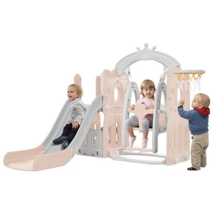 Swing Sets |  5 in 1 Toddler Slide and Swing Set with Basketball Hoop Sports & Fitness Swing Sets