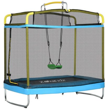 Swing Sets |  6.9′ Kids Trampoline with Enclosure, Swing, Gymnastics Bar, Toddler Trampoline for Outdoor/Indoor Use, Light Blue Sports & Fitness Kids