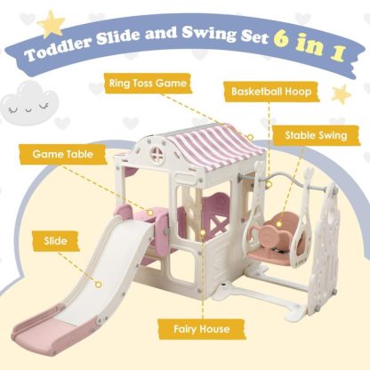 Swing Sets |  6 in 1 Toddler Slide and Swing Set, Kids Playground Climber Slide Playset with Fairy House, Freestanding Slide for Babies Sports & Fitness Swing Sets