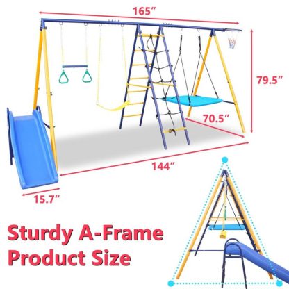 Swing Sets |  7 in 1 Kids Backyard Outdoor Heavy-Duty Metal Swing Set with Slide – 7-In-1 Sports & Fitness Swing Sets