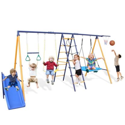 Swing Sets |  7 in 1 Kids Backyard Outdoor Heavy-Duty Metal Swing Set with Slide – 7-In-1 Sports & Fitness Swing Sets