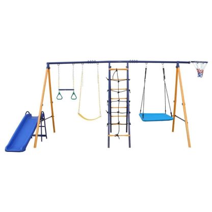 Swing Sets |  7 in 1 Kids Backyard Outdoor Heavy-Duty Metal Swing Set with Slide – 7-In-1 Sports & Fitness Swing Sets