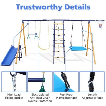 Swing Sets |  7 in 1 Kids Backyard Outdoor Heavy-Duty Metal Swing Set with Slide – 7-In-1 Sports & Fitness Swing Sets