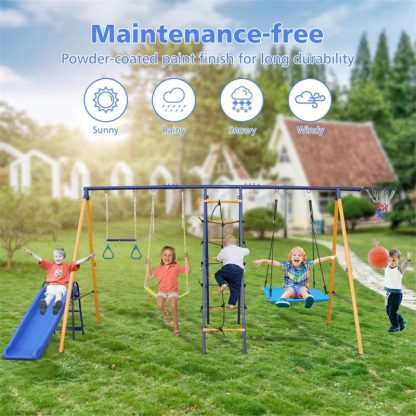 Swing Sets |  7 in 1 Kids Backyard Outdoor Heavy-Duty Metal Swing Set with Slide – 7-In-1 Sports & Fitness Swing Sets