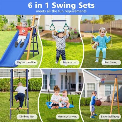 Swing Sets |  7 in 1 Kids Backyard Outdoor Heavy-Duty Metal Swing Set with Slide – 7-In-1 Sports & Fitness Swing Sets