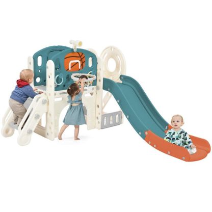 Swing Sets |  7-in-1 Kids Slide Playset Climbing Crawling Playhouse With Slide Basketball Hoop Ring Toss Tunnel Sports & Fitness Swing Sets